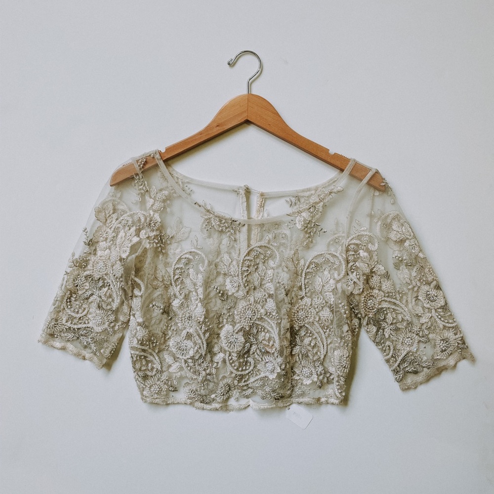 Ivory and silver beaded lace bridal top